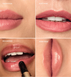 Hydrating Lip Tint shade finder showing Peachy Rose, Dusty Rose, Rich Berries and Honey Beige on lips