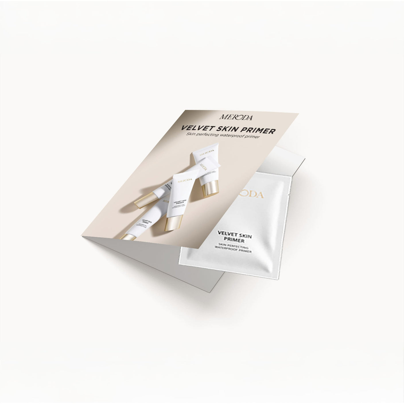 Velvet Skin Primer Sample 1.5 ml sachet inside a branded Meroda leaflet for a smooth and velvety base.
