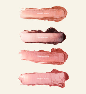 Hydrating Lip Tint texture swatches in all shades showing the hydrating balm-like formula