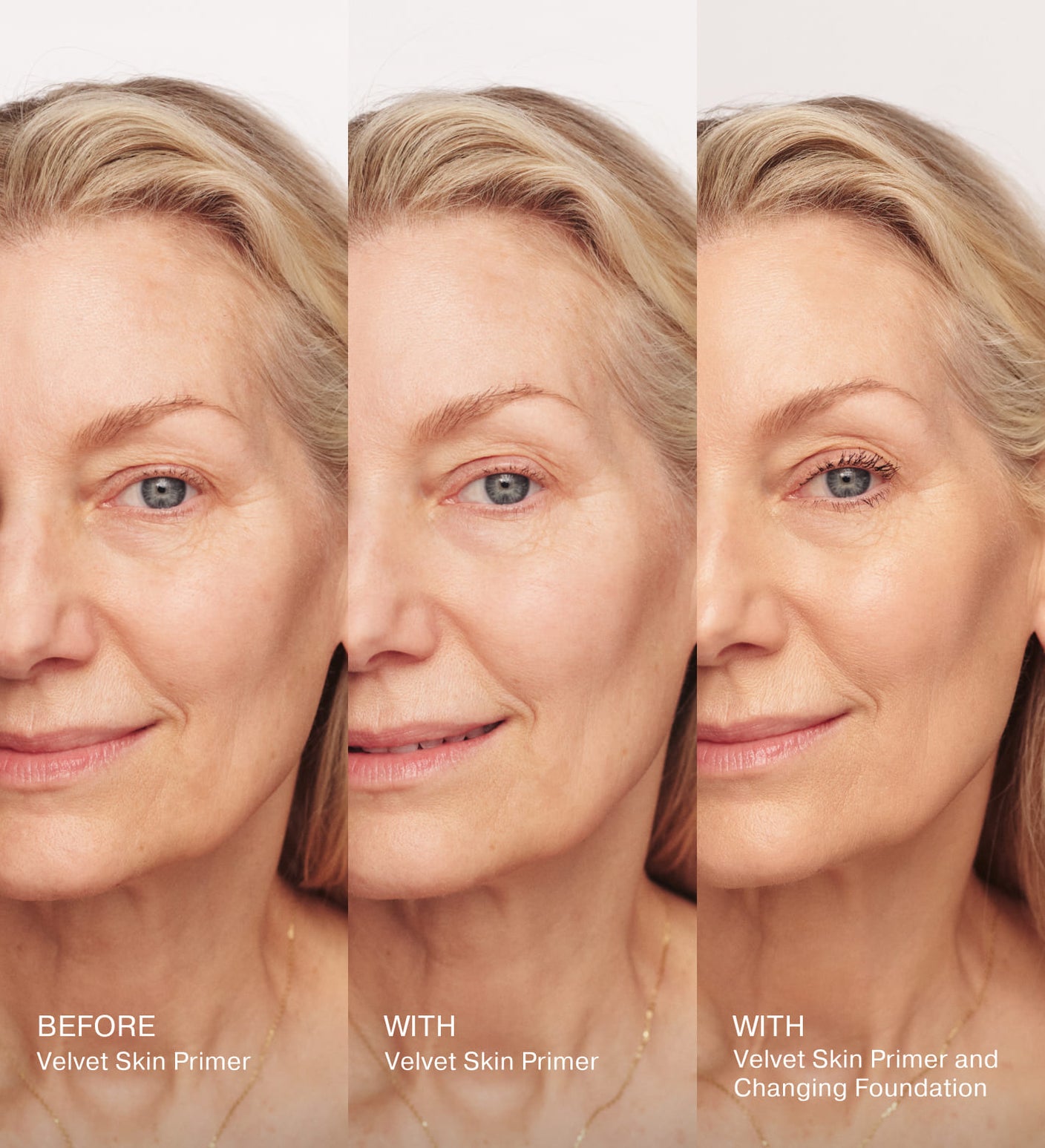 Velvet Skin Primer before and after results showing a mature woman's skin texture smoothing out.