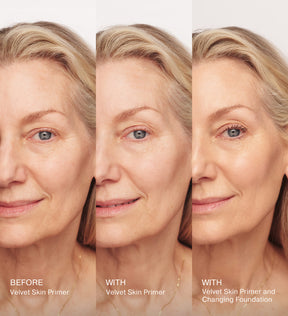Velvet Skin Primer before and after results showing a mature woman's skin texture smoothing out.