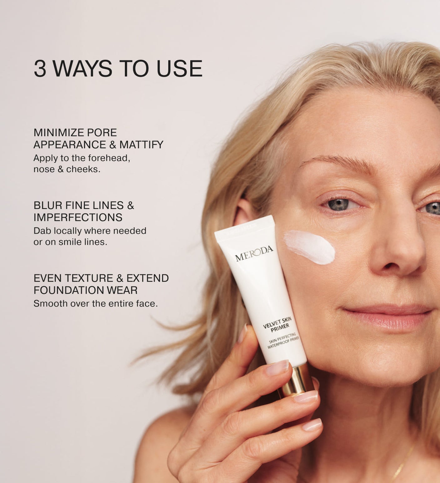 Velvet Skin Primer tube shown alongside a model demonstrating three ways to use the smoothing face primer.