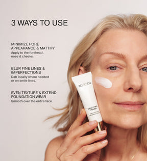Velvet Skin Primer tube shown alongside a model demonstrating three ways to use the smoothing face primer.