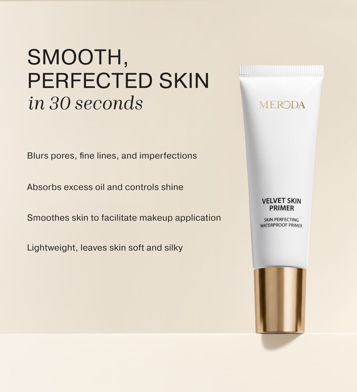 Velvet Skin Primer tube next to text detailing product benefits on a cream background.